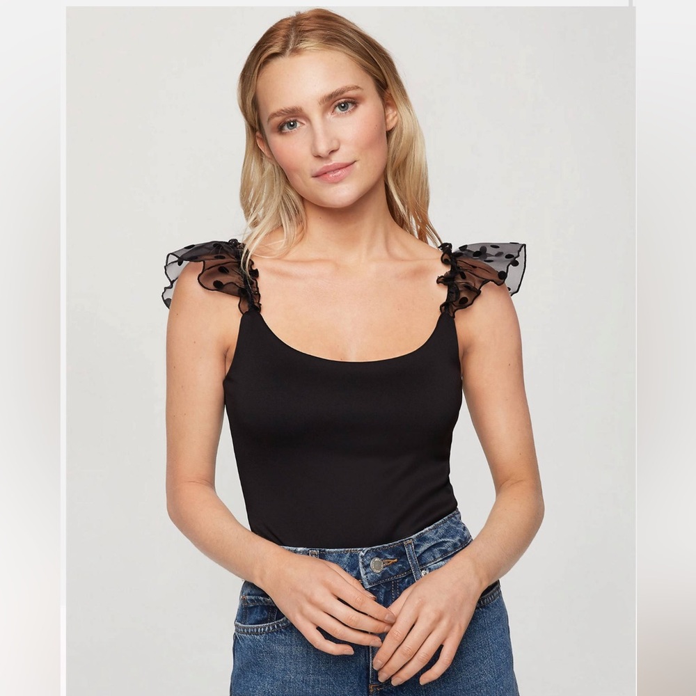 Miss Selfridge dobby spot frill sleeve bodysuit in black polka dot nwt